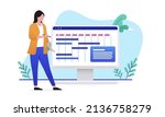 Project manager vector illustration - Female person working on managing projects on computer screen. Flat design vector illustration with white background