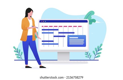 Project manager vector illustration - Female person working on managing projects on computer screen. Flat design vector illustration with white background