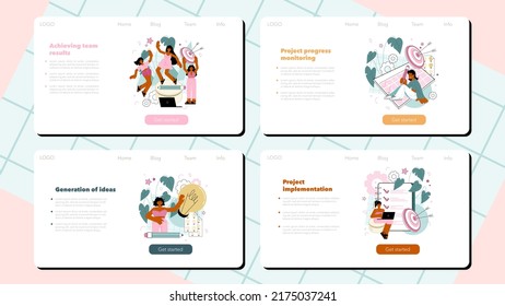 Project manager web banner or landing page set. Successful business project planning, development and scheduling. Management and marketing strategy. Vector illustration in cartoon style