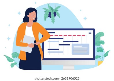 Ilustração feminina do gerente de projetos - Uma pessoa sorridente de pé com o computador e o calendário de trabalho planejando e gerenciando projetos para a empresa ou negócio. Gráfico de ilustração de vetor de design plano