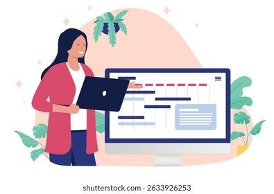 Project manager woman with laptop - Female person working with company and business project management making schedules in calendar. Flat design vector illustration graphic on white background