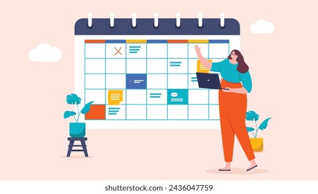 Project manager woman - Person with laptop computer using and pointing at calendar with appointments and schedule. Project management occupation concept in flat design cartoon style vector