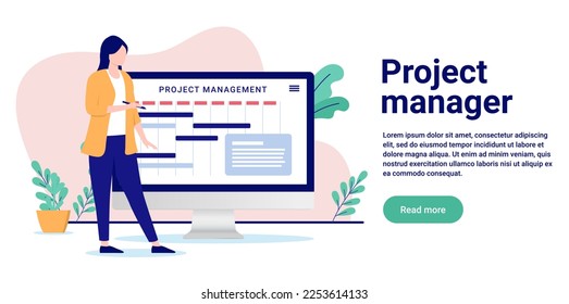 Project manager - Woman working with project management on computer screen with calendar and schedule. Flat design vector illustration with white background and copy space for text