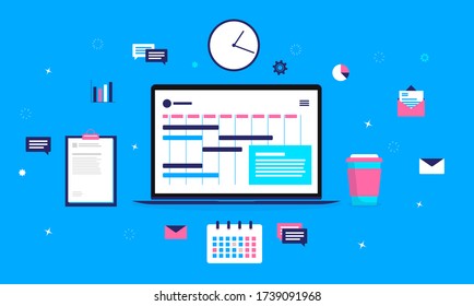 Project manager work - Laptop computer and object needed for project managing a team or business. Managing and coordinating concept. Vector illustration.