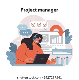 Project Manager at Work. Overseeing project timelines and deliverables, focused on achieving goals with precision. Flat vector illustration.