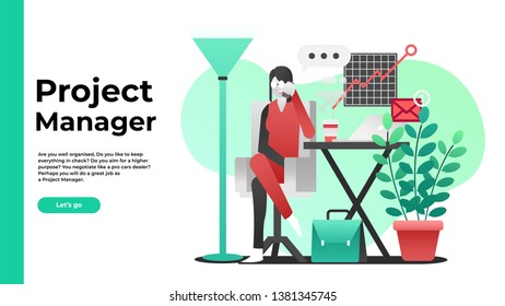 Project Manager working flat art vector modern design icon set landing page tech illustration business concept woman behind desk on phone cartoon style office
