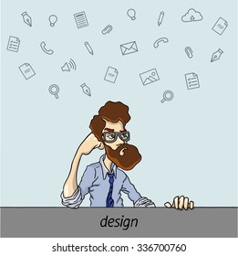 Project Manager working overtime with documents. Thoughts employee of resignation . Dreams of freelancing. Problems translator with time management. Man sits in office after work. Vector illustration