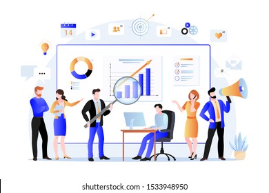 Project managers, business marketers analyzes data, develops product promotion strategy in social networks. Vector flat illustration of office teamwork. Digital marketing searching trends concept.