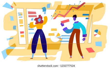 Project managers organizing working process on the board. Agile planning and setting tasks concept. Warm colors vector Illustration.