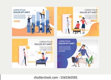 Project managers set. Businesspeople analyzing charts, talking on cells. Flat vector illustrations. Business or consulting concept for banner, website design or landing web page