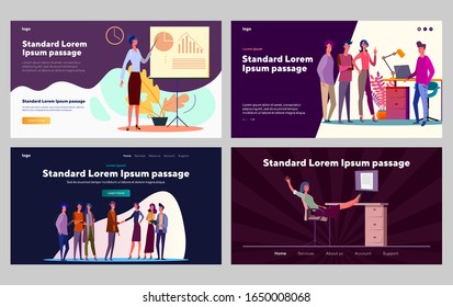 Project managers set. Professionals brainstorming, presenting report, shaking hands. Flat vector illustrations. Business, management, success concept for banner, website design or landing web page