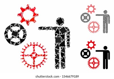 Project mechanics mosaic of unequal elements in variable sizes and color tinges, based on project mechanics icon. Vector tremulant elements are organized into mosaic.