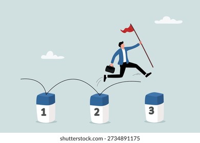Project milestone to progress toward business goal, journey or execution to achieve business success concept, skillful businessman holding success flag jumping on milestones reaching target.