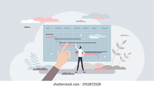 Project Milestones Tracking And Progress Period Control Tiny Person Concept. Timeline Chart With Tasks And Deadline Report As Visual Process Flow Visualization Vector Illustration. Time Schedule Tool.