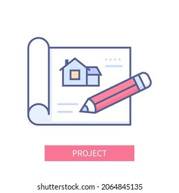 Project - modern colorful line design style icon on white background. Neat detailed image of house blueprint. Building layout development, planning, drawings, architectural solution, pencil