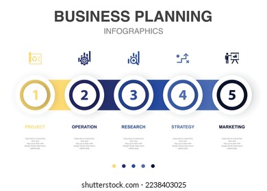 project, operation, research, strategy, marketing, icons Infographic design template. Creative concept with 5 steps