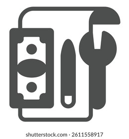 Project paper with banknote, pen and wrench solid icon, making road concept. Vector graphics. Money with plan and tools sign on white background, glyph style icon for mobile or web design