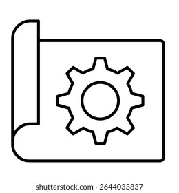 Papel do projeto com ícone de linha fina da engrenagem, conceito de serviço de reparo. Gráficos vetoriais. Planta e roda dentada, sinal de engenharia em fundo branco, estilo móvel ou design