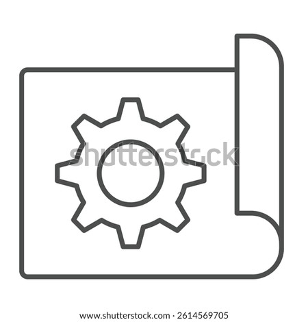 Project paper with gear thin line icon, repair service concept. Vector graphics. Blueprint and cogwheel, engineering sign on white background, linear style icon for mobile or web design
