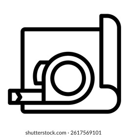 Project paper and measuring tape line icon, architect studio concept. Vector graphics. Ruler reel with project plan, paperwork sign on white background, style mobile or design