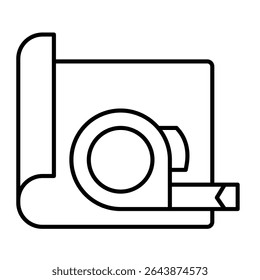 Project paper and measuring tape thin line icon, architect studio concept. Vector graphics. Ruler reel with project plan sign on white background, style mobile or design