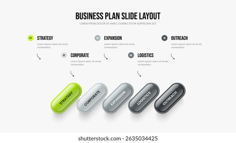 Project Performance 5 Step Infographic Slide Design. Service Portfolio Slideshow Layout Vector Illustration. Company Profile Five Option Diagram Frame Template.
