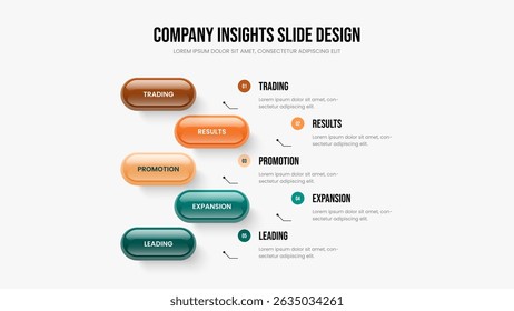 Project Performance Slide Template Vector Illustration. Professional Visualization Five Step Diagram Slideshow Layout. Visual Development 5 Option Infographic Presentation Design.