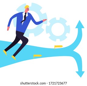 Project pivot concept illustration of businessman running to fork. Funny flat cartoon style. Bright colors. White background