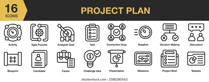 Project Plan icon set. Includes plan, project, business, design, strategy, and More. Outline icons vector collection.