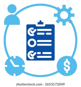Iconos del Plan del proyecto en estilo azul, Ilustración vectorial