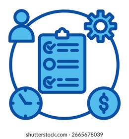 Iconos del Plan del proyecto en estilo azul, Ilustración vectorial