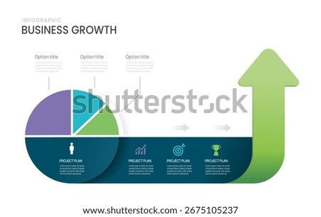 Project plan infographic template with pie chart, business icons, and upward green arrow vector.