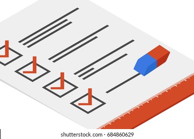 Project plan menegment, sheet of paper with clause and red mark isometric flat vector illustration
