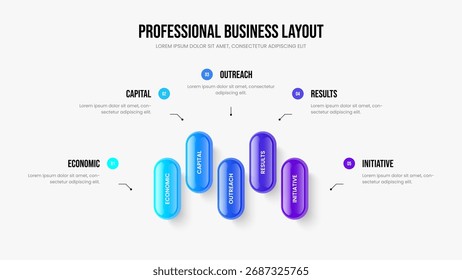 Ilustração do vetor de design de apresentação de slides do plano de projeto. Modelo de Apresentação Infográfica de Cinco Elementos da Estratégia Moderna. Layout do slide do diagrama de 5 etapas para crescimento empresarial.