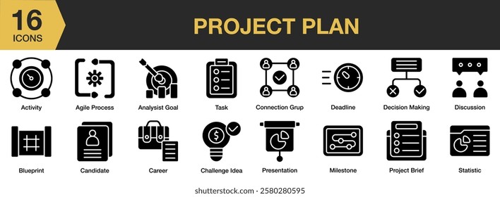Project Plan solid icon set. Includes plan, project, business, design, strategy, and More. Solid icons vector collection.
