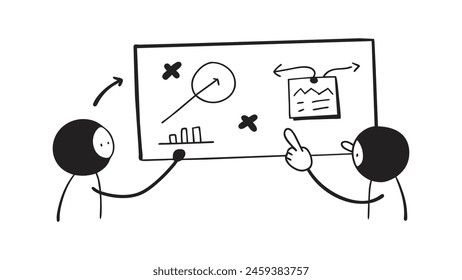 Project, plan, strategy. Presentation. Discussing business plan. doodle line art on white background.