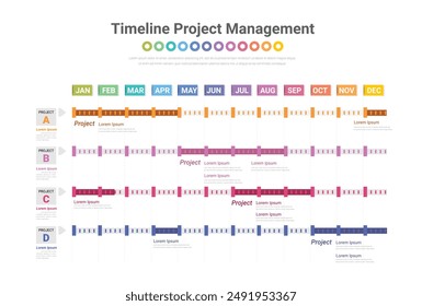 Project planne, Gantt chart for 12 months, project timeline with seven stages, infographic template, vector eps.