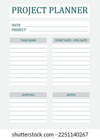 Project Planner Template. A concise design for a business notepad page. Business organizer. Project schedule. Letter format. Vector illustration