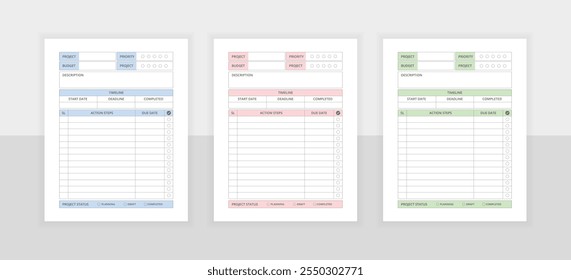 Project planner template. Daily planner vector kdp printable design template. Set of planner and to do list.