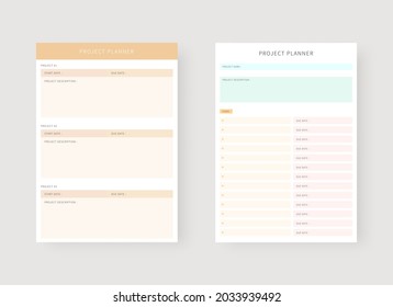 Project planner template. Set of planner and to do list. Modern planner template set. Vector illustration.