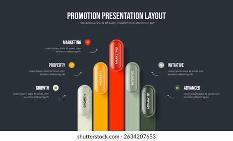 Project Planning 5 Element Diagram Frame Design. Market Development Five Step Infographic Presentation Template. Marketing Insight Slideshow Layout Vector Illustration.
