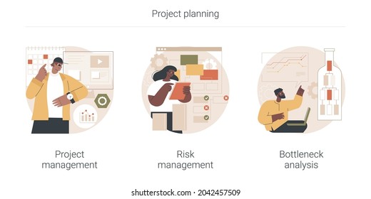 Project planning abstract concept vector illustration set. Project and risk management, bottleneck analysis, agile methodology, IT professional, workflow improvement, software abstract metaphor.