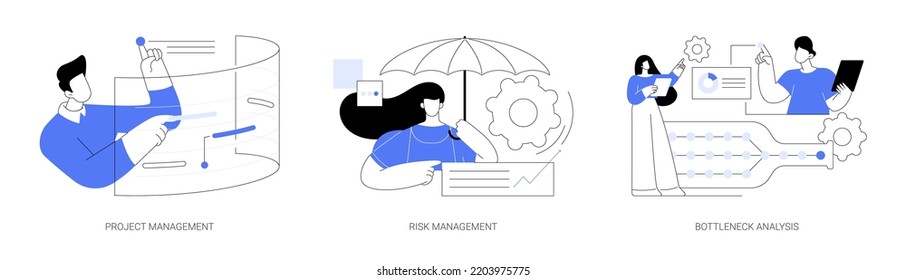 Project planning abstract concept vector illustration set. Project and risk management, bottleneck analysis, agile methodology, IT professional, workflow improvement, software abstract metaphor.