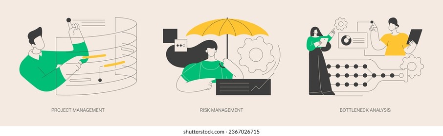 Project planning abstract concept vector illustration set. Project and risk management, bottleneck analysis, agile methodology, IT professional, workflow improvement, software abstract metaphor.