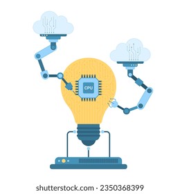 Project planning, analytics and idea innovation process by AI vector illustration. Cartoon isolated automatic robot arms with clouds programming data, digital software and circuit inside light bulb