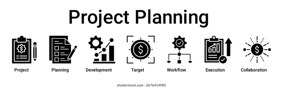 Projeto Planning banner ícone da web vetor ilustração conceito para negócios com ícone de Projeto, Planejamento, Desenvolvimento, Destino, Fluxo de Trabalho, Execução.