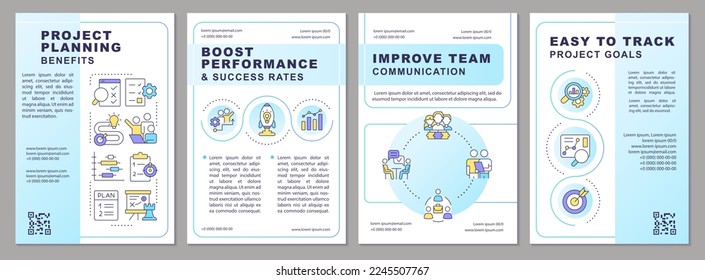 Project planning benefits blue gradient brochure template. Leaflet design with linear icons. 4 vector layouts for presentation, annual reports. Arial, Myriad Pro-Regular fonts used