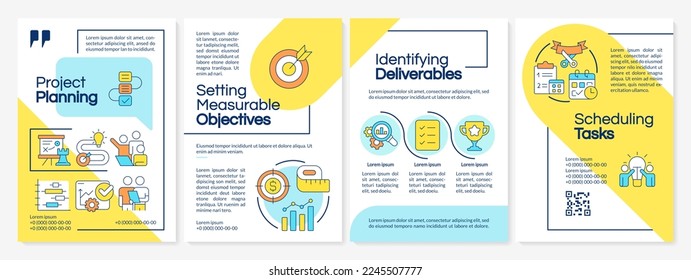 Project planning blue and yellow brochure template. Business strategy. Leaflet design with linear icons. Editable 4 vector layouts for presentation, annual reports. Questrial, Lato-Regular fonts used