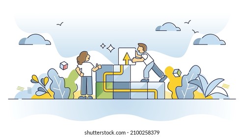 Project planning and control or business strategy management outline concept. Teamwork success for development or growth vector illustration. Achievement after company changes or innovation execution.