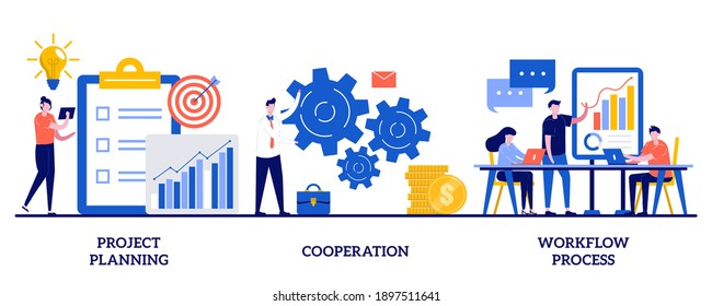 Project planning, cooperation, workflow process concept with tiny people. Business process analysis abstract vector illustration set. Vision and scope, boost productivity, partnership metaphor.